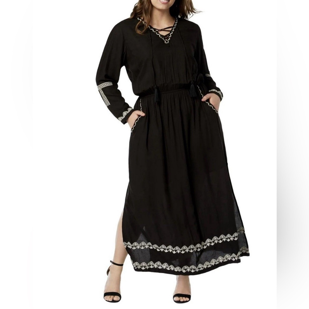 NY Collection Black Embroidered Peasant Bishop Sleeve V-Neck Maxi-Gown - Picture 1 of 5